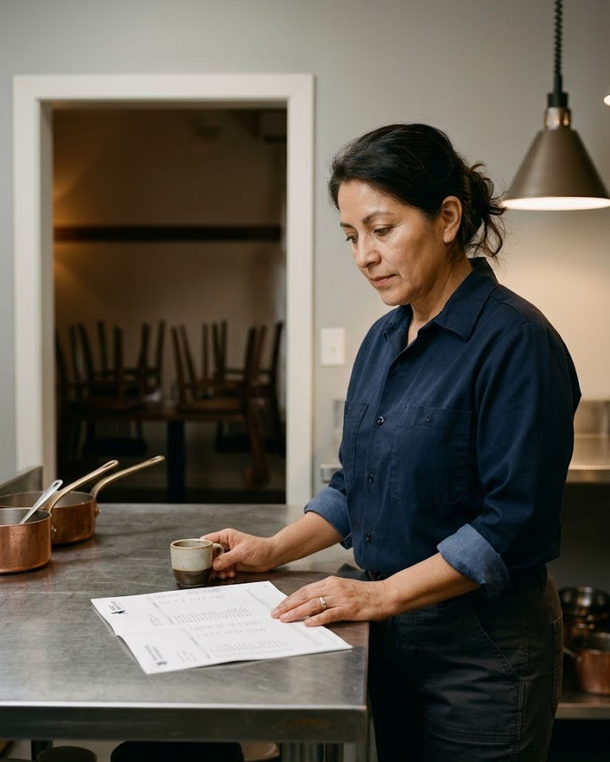 Editorial photograph: a woman in her early fifties in navy workshirt with sleeves rolled, standing at a stainless steel prep counter in the back kitchen of her own restaurant during an off-hour, reading a printed bank statement. Empty dining room visible through doorway. The moment an owner who built something real does the math on what she's actually keeping.