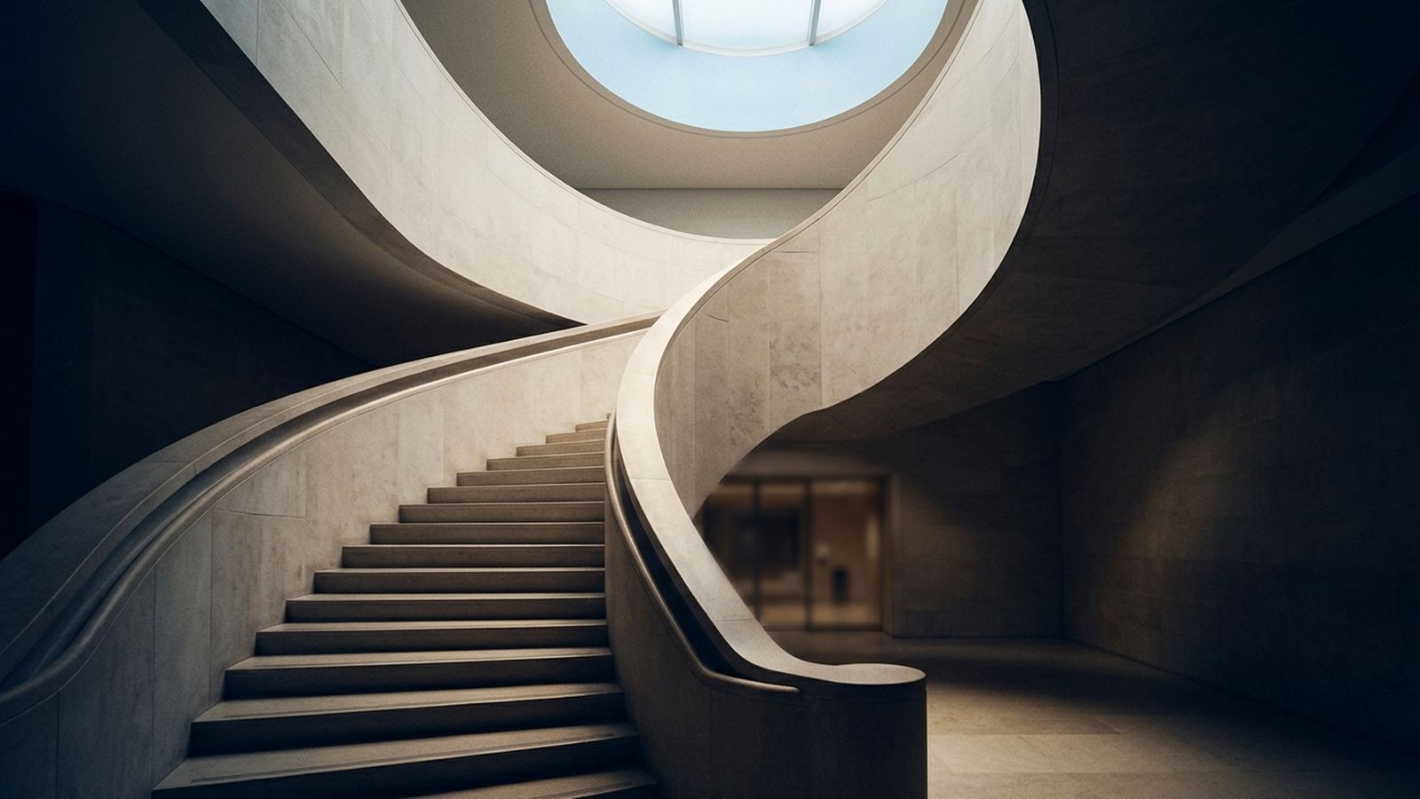 Atmospheric: a wide architectural detail of a curved limestone staircase in a quiet modernist building lobby, photographed from below, ambient light from a skylight overhead, no people in frame. Ascent done quietly.