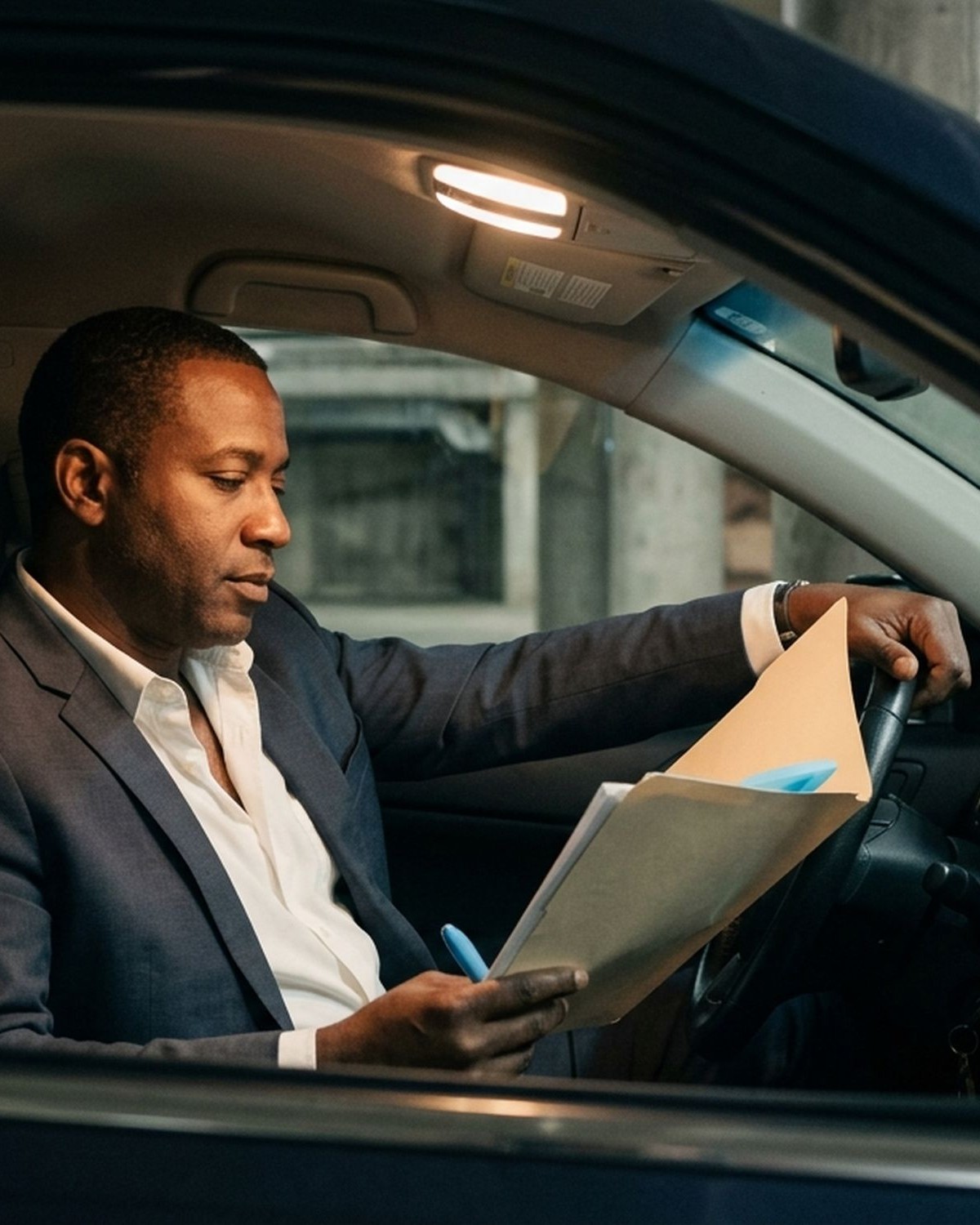 Editorial photograph: a man in his late forties in unbuttoned charcoal suit jacket and white open-collar shirt, seated in the driver's seat of his parked car in a hospital underground parking, dome light on above him, holding a manila folder. The doctor who finally has time to look at his own finances at 9pm. Tired but not defeated.