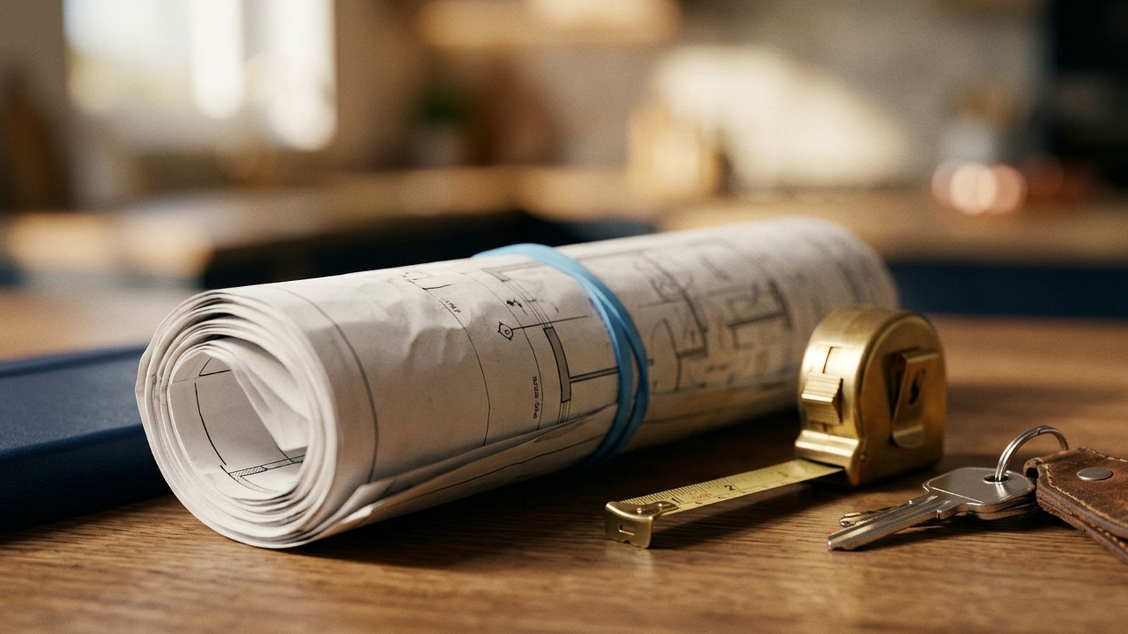 Concept illustration: extreme close-up detail of a folded financial document on a warm cream desk surface with a sky-blue rubber band, shallow depth of field. The mood of small physical objects of money work.
