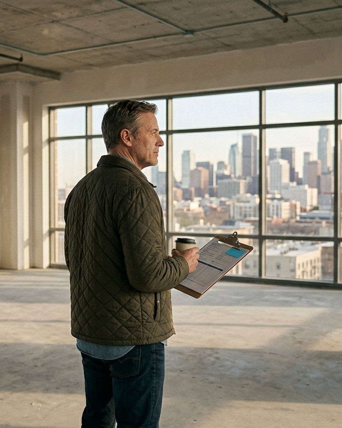 Editorial photograph: a man in his late fifties in quilted dark-olive jacket over chambray shirt, standing in an empty unfinished apartment in a recently renovated building, exposed concrete ceiling, large windows letting in late-afternoon city light. Holding clipboard and coffee, looking out the window. The operator who has gotten the buying right and is thinking about the tax position of the whole portfolio.