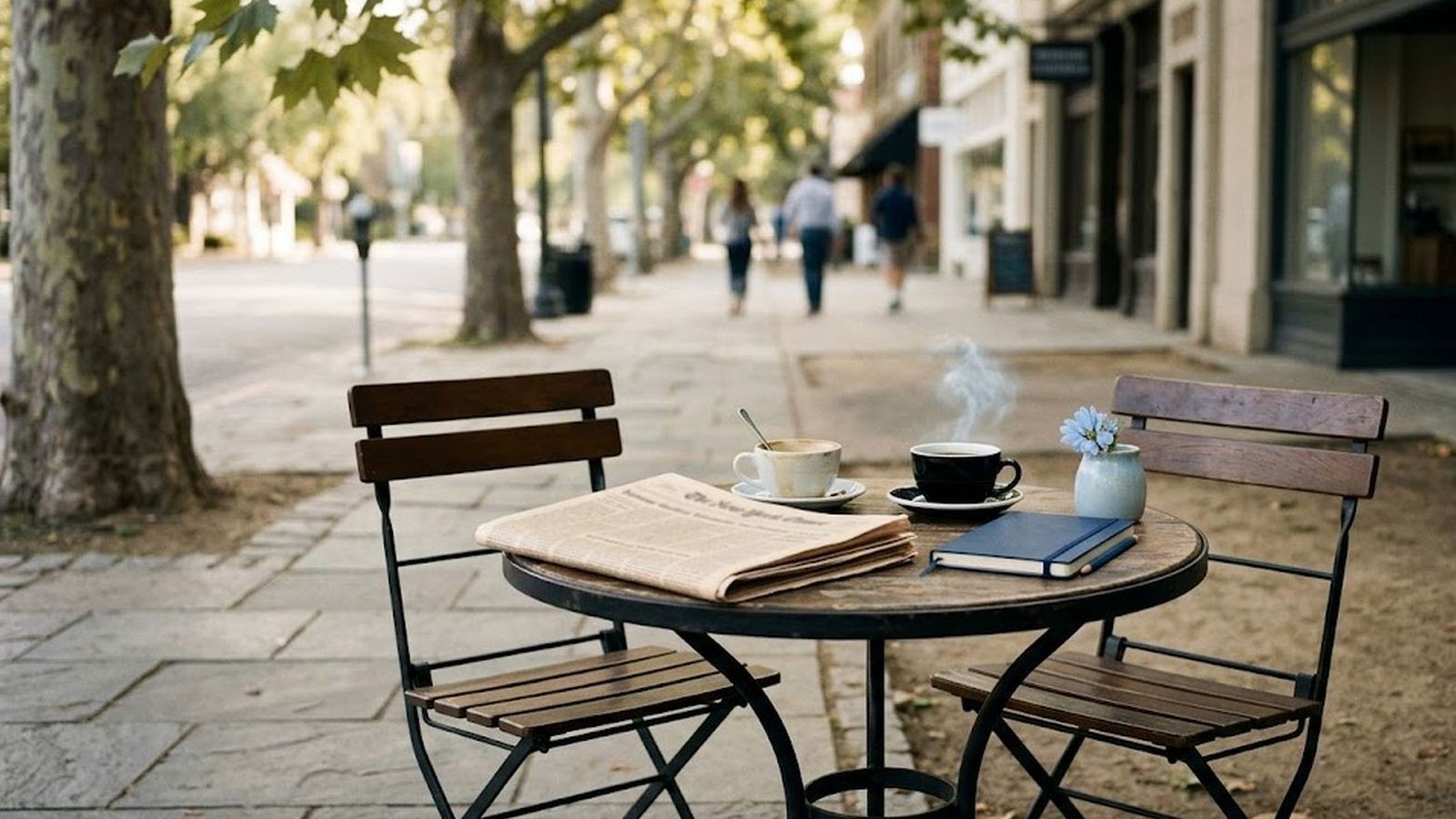 Atmospheric: a wide quiet morning scene of a small empty cafe table on a tree-lined Palo Alto sidewalk, two coffee cups, a folded newspaper, a navy notebook, an empty chair. The conversation that hasn't started yet.