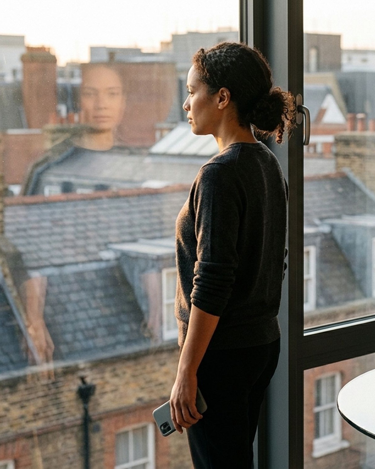 Editorial photograph: a woman in her late thirties in charcoal merino standing at a tall narrow office window at late afternoon, term sheets and laptop visible on a glass conference table behind her, phone loose in her hand but unused. Contemplative founder doing mental arithmetic about a liquidity event.