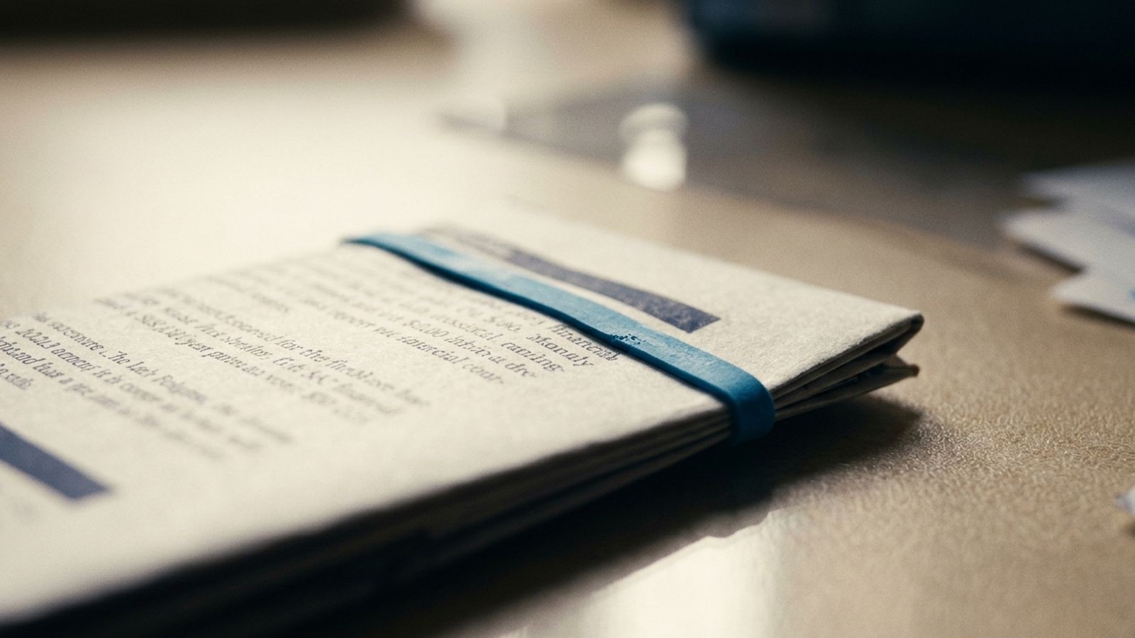 Concept illustration: extreme close-up detail of a folded financial document on a warm cream desk surface with a sky-blue rubber band, shallow depth of field. The mood of small physical objects of money work.